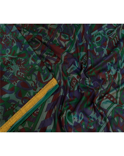 Sanskriti Vintage Sarees Green Zari Border Pure Silk Printed Sari Craft Fabric, PR-63822-Green-Pure Silk-1