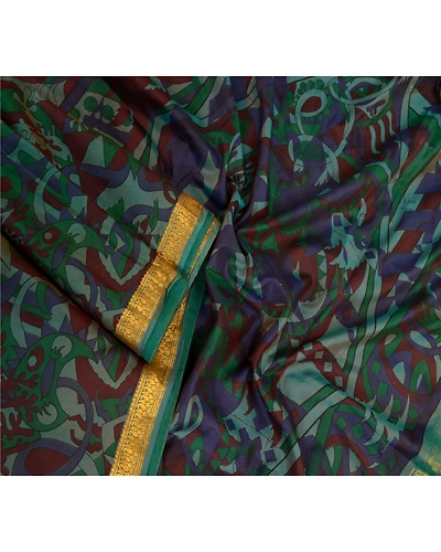 Sanskriti Vintage Sarees Green Zari Border Pure Silk Printed Sari Craft Fabric, PR-63822-Green-Pure Silk-2