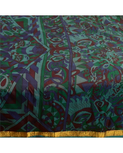 Sanskriti Vintage Sarees Green Zari Border Pure Silk Printed Sari Craft Fabric, PR-63822-Green-Pure Silk-3