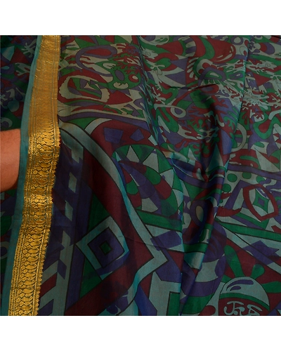 Sanskriti Vintage Sarees Green Zari Border Pure Silk Printed Sari Craft Fabric, PR-63822-Green-Pure Silk-5