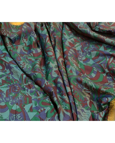 Sanskriti Vintage Sarees Green Zari Border Pure Silk Printed Sari Craft Fabric, PR-63822-Green-Pure Silk-6