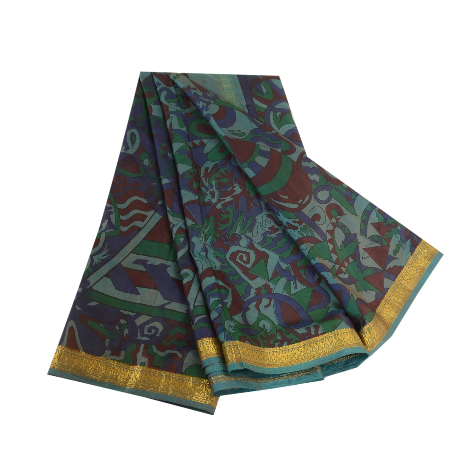 Sanskriti Vintage Sarees Green Zari Border Pure Silk Printed Sari Craft Fabric, PR-63822-Green-Pure Silk-7