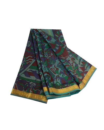 Sanskriti Vintage Sarees Green Zari Border Pure Silk Printed Sari Craft Fabric, PR-63822-Green-Pure Silk-7