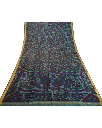 Sanskriti Vintage Sarees Green Zari Border Pure Silk Printed Sari Craft Fabric, PR-63822-Green-Pure Silk-8