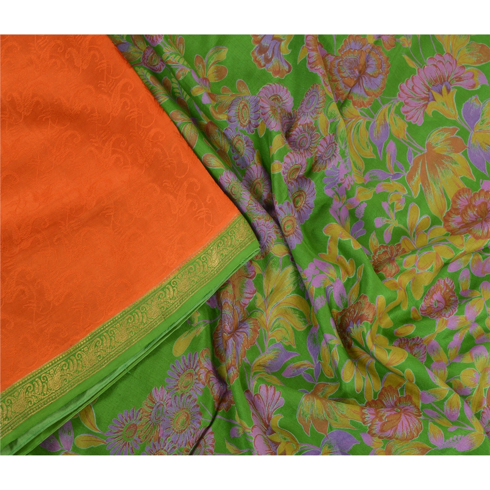 Sanskriti Vintage Sarees Orange Zari Border Pure Silk Printed Woven Sari Fabric, PR-63828-Orange-Pure Silk-1