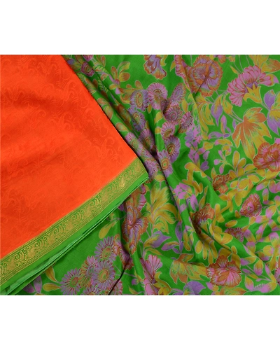 Sanskriti Vintage Sarees Orange Zari Border Pure Silk Printed Woven Sari Fabric, PR-63828-Orange-Pure Silk-1