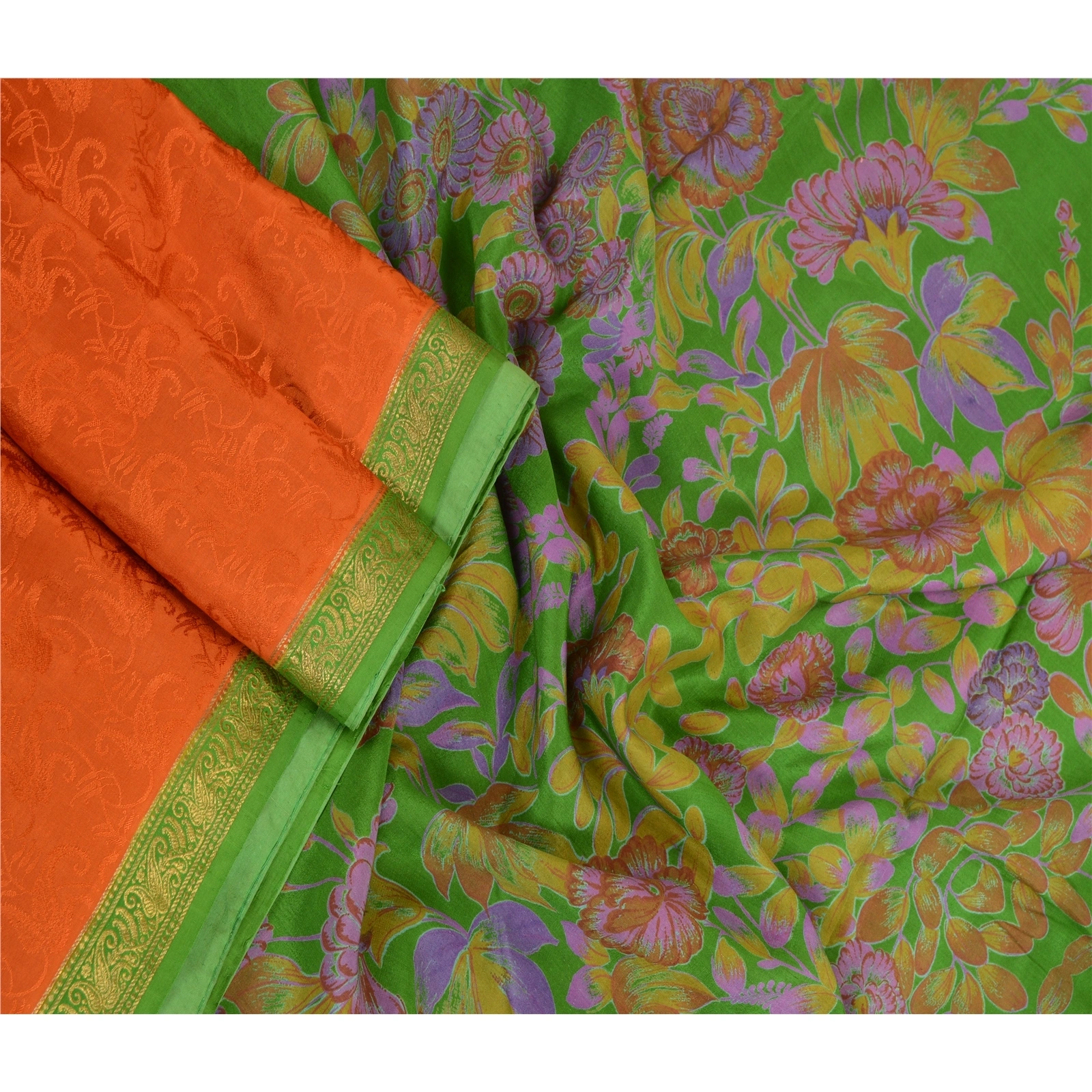 Sanskriti Vintage Sarees Orange Zari Border Pure Silk Printed Woven Sari Fabric, PR-63828-Orange-Pure Silk-2