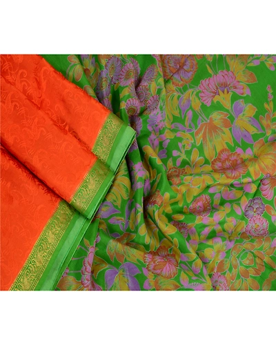 Sanskriti Vintage Sarees Orange Zari Border Pure Silk Printed Woven Sari Fabric, PR-63828-Orange-Pure Silk-2