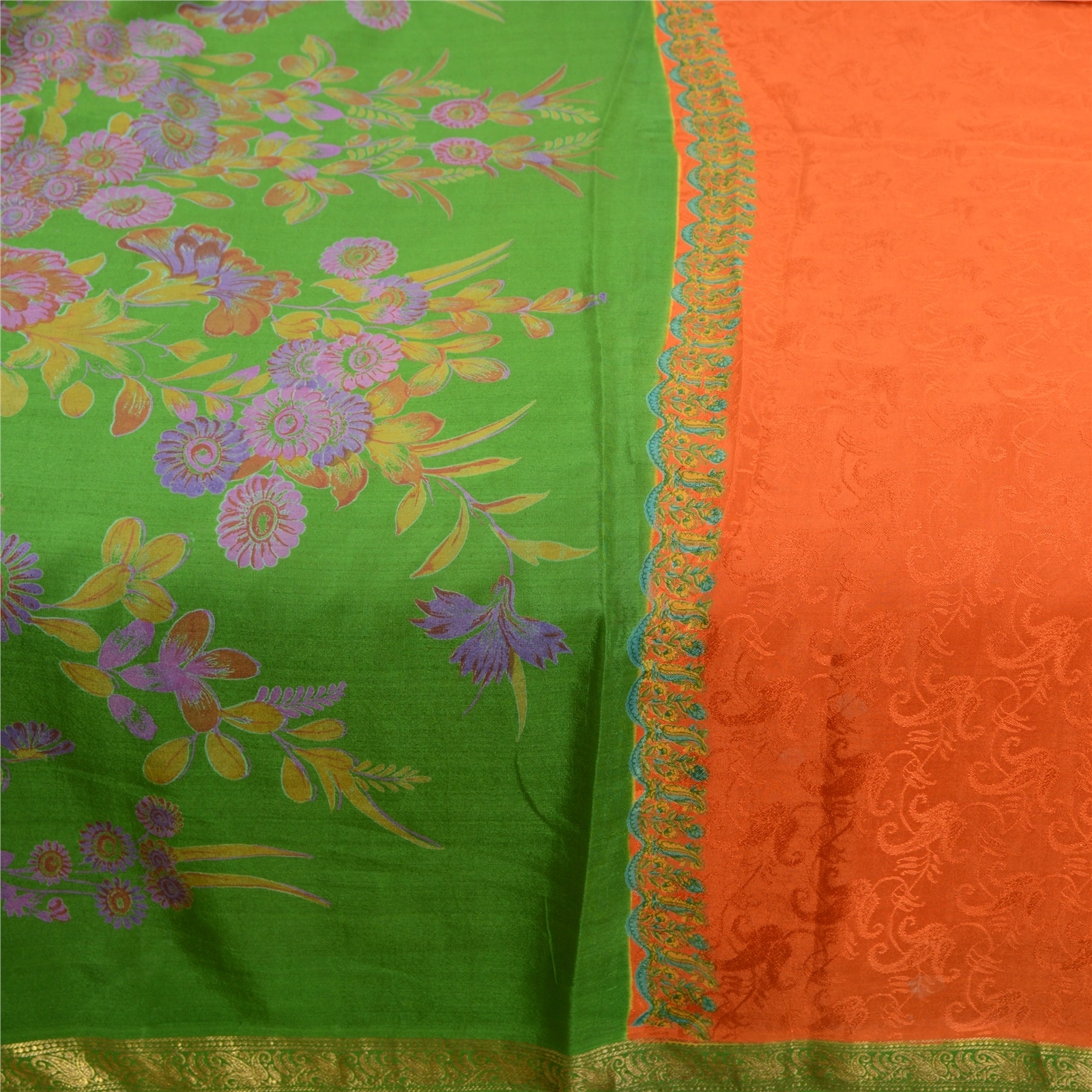 Sanskriti Vintage Sarees Orange Zari Border Pure Silk Printed Woven Sari Fabric, PR-63828-Orange-Pure Silk-3