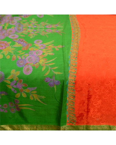 Sanskriti Vintage Sarees Orange Zari Border Pure Silk Printed Woven Sari Fabric, PR-63828-Orange-Pure Silk-3
