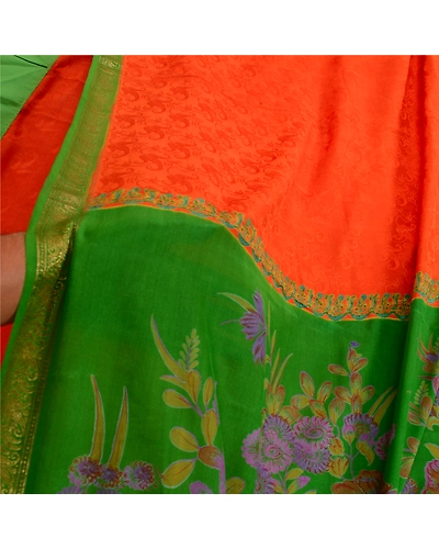 Sanskriti Vintage Sarees Orange Zari Border Pure Silk Printed Woven Sari Fabric, PR-63828-Orange-Pure Silk-5