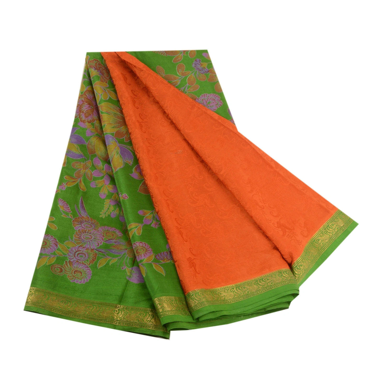 Sanskriti Vintage Sarees Orange Zari Border Pure Silk Printed Woven Sari Fabric, PR-63828-Orange-Pure Silk-7