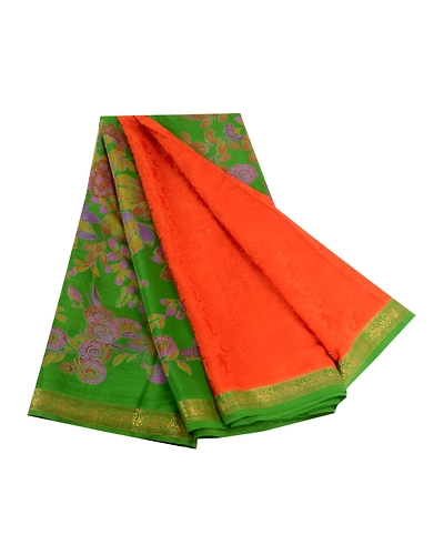 Sanskriti Vintage Sarees Orange Zari Border Pure Silk Printed Woven Sari Fabric, PR-63828-Orange-Pure Silk-7