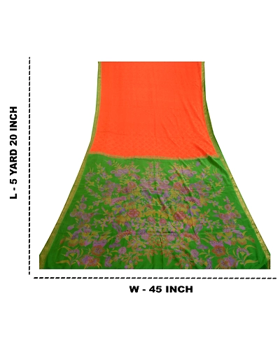 Sanskriti Vintage Sarees Orange Zari Border Pure Silk Printed Woven Sari Fabric, PR-63828-Orange-Pure Silk-9