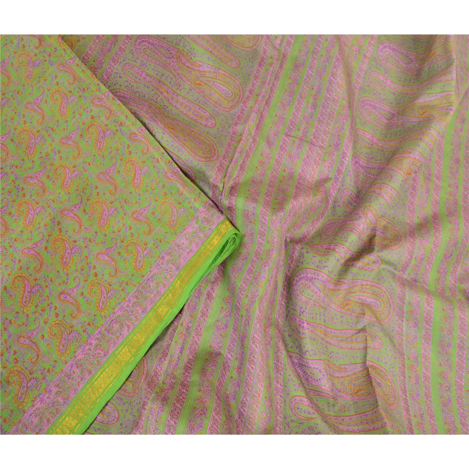 Sanskriti Vintage Sarees Green Zari Border Pure Silk Printed Sari Craft Fabric, PR-63830-Green-Pure Silk-1