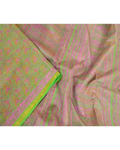 Sanskriti Vintage Sarees Green Zari Border Pure Silk Printed Sari Craft Fabric, PR-63830-Green-Pure Silk-1
