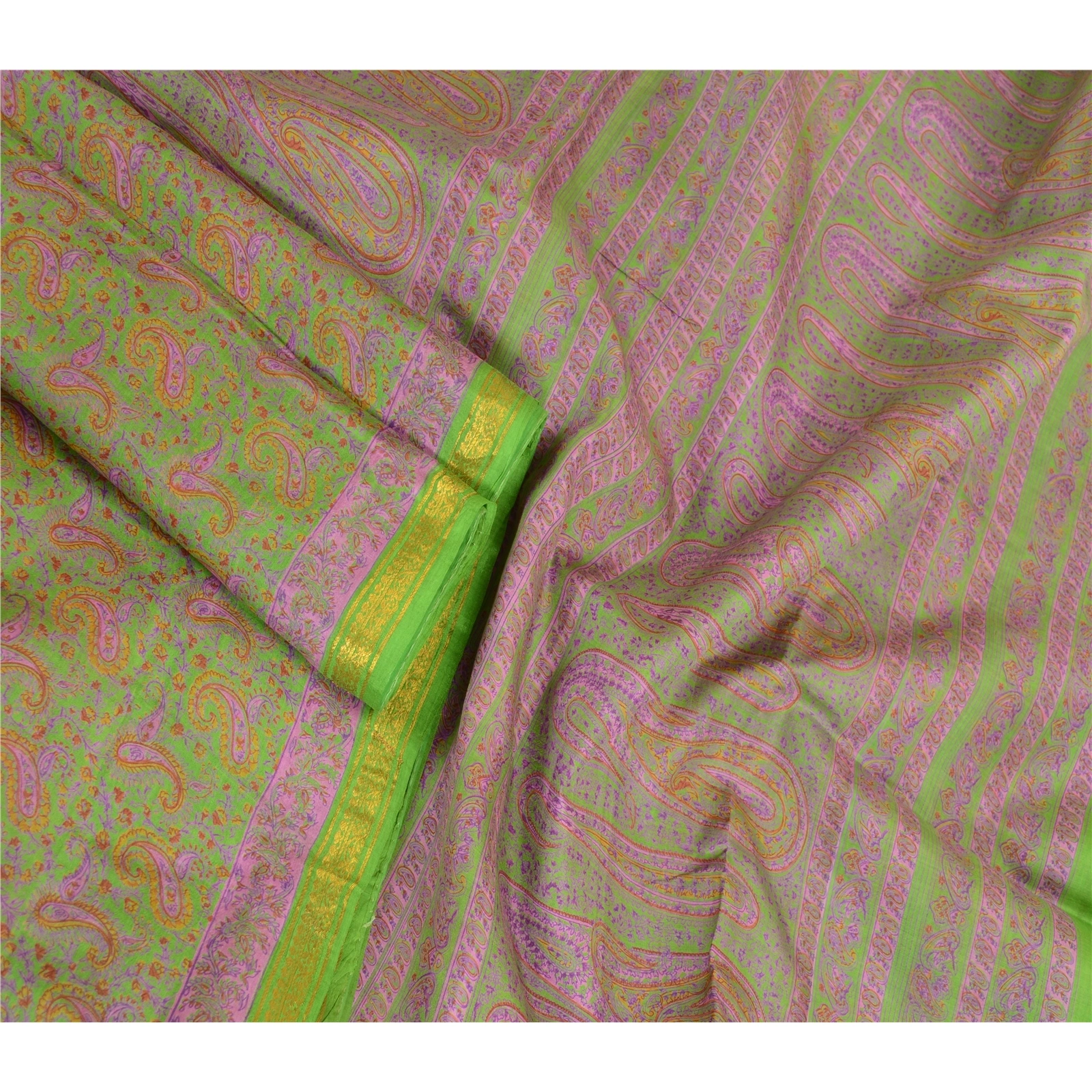 Sanskriti Vintage Sarees Green Zari Border Pure Silk Printed Sari Craft Fabric, PR-63830-Green-Pure Silk-2