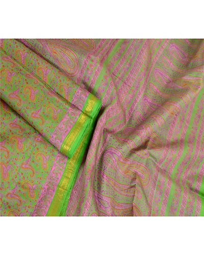 Sanskriti Vintage Sarees Green Zari Border Pure Silk Printed Sari Craft Fabric, PR-63830-Green-Pure Silk-2