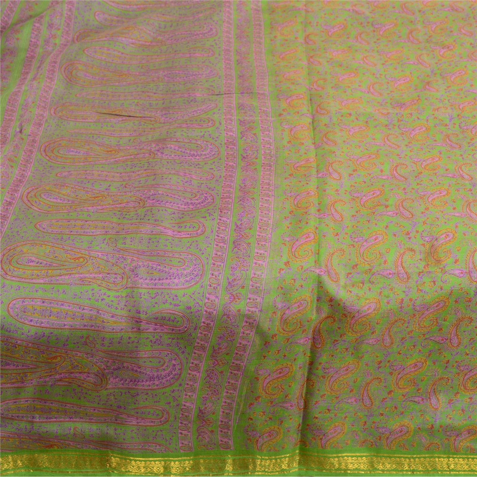 Sanskriti Vintage Sarees Green Zari Border Pure Silk Printed Sari Craft Fabric, PR-63830-Green-Pure Silk-3