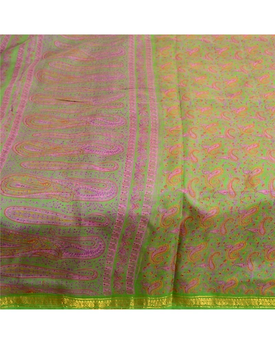 Sanskriti Vintage Sarees Green Zari Border Pure Silk Printed Sari Craft Fabric, PR-63830-Green-Pure Silk-3