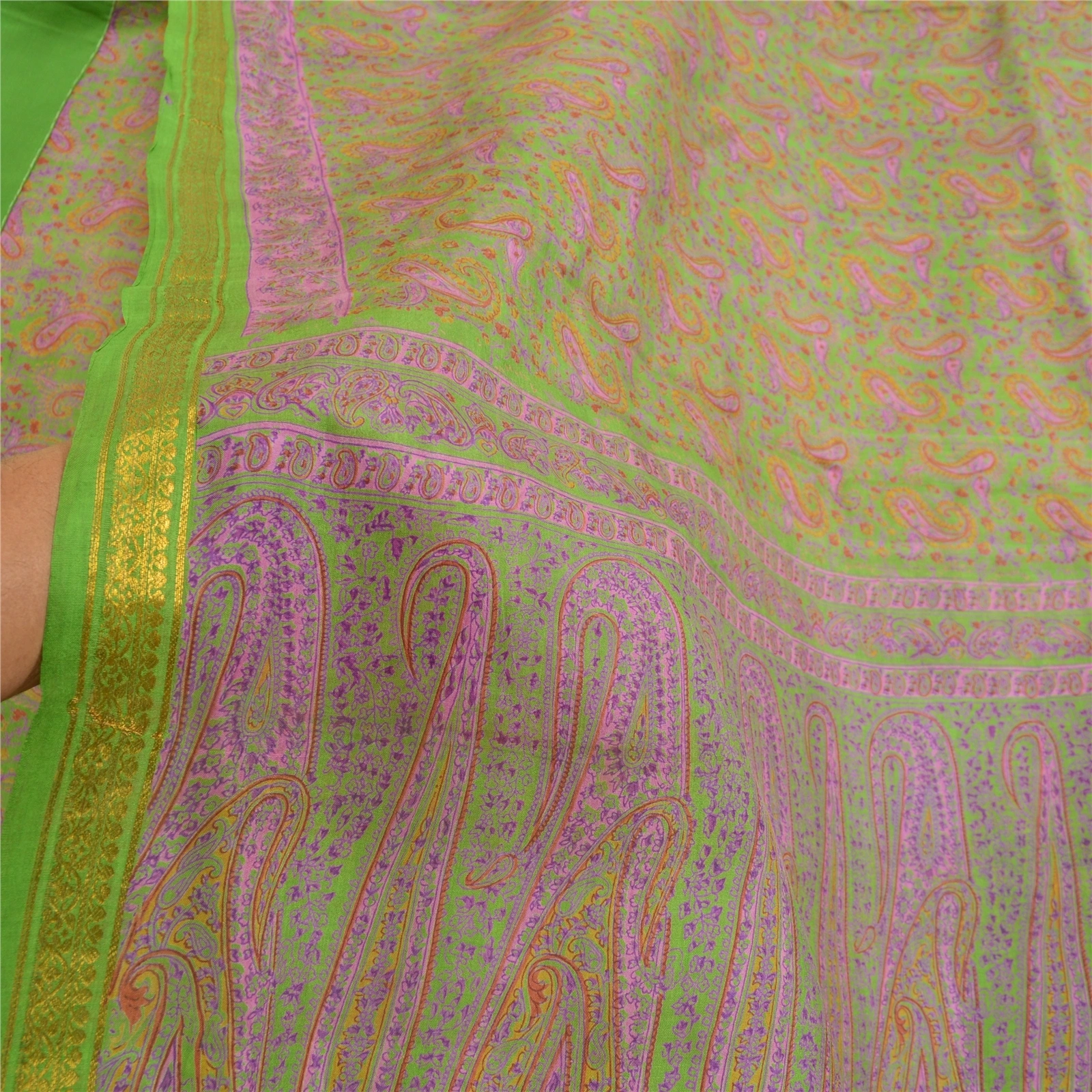 Sanskriti Vintage Sarees Green Zari Border Pure Silk Printed Sari Craft Fabric, PR-63830-Green-Pure Silk-5