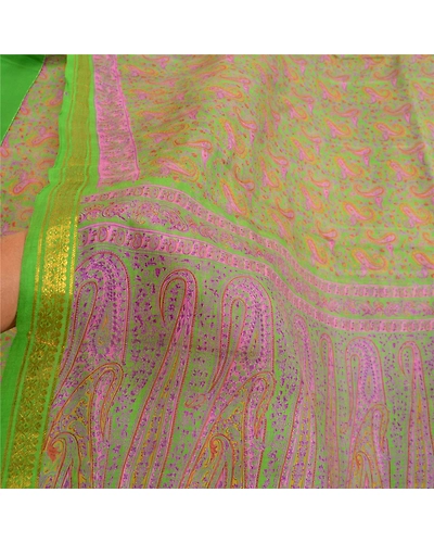 Sanskriti Vintage Sarees Green Zari Border Pure Silk Printed Sari Craft Fabric, PR-63830-Green-Pure Silk-5