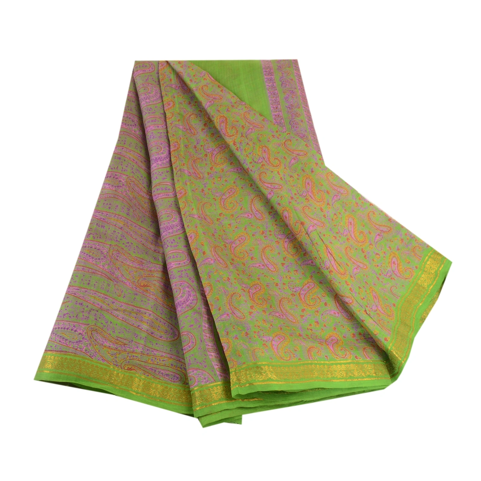 Sanskriti Vintage Sarees Green Zari Border Pure Silk Printed Sari Craft Fabric, PR-63830-Green-Pure Silk-6