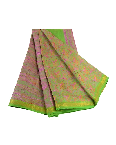 Sanskriti Vintage Sarees Green Zari Border Pure Silk Printed Sari Craft Fabric, PR-63830-Green-Pure Silk-6
