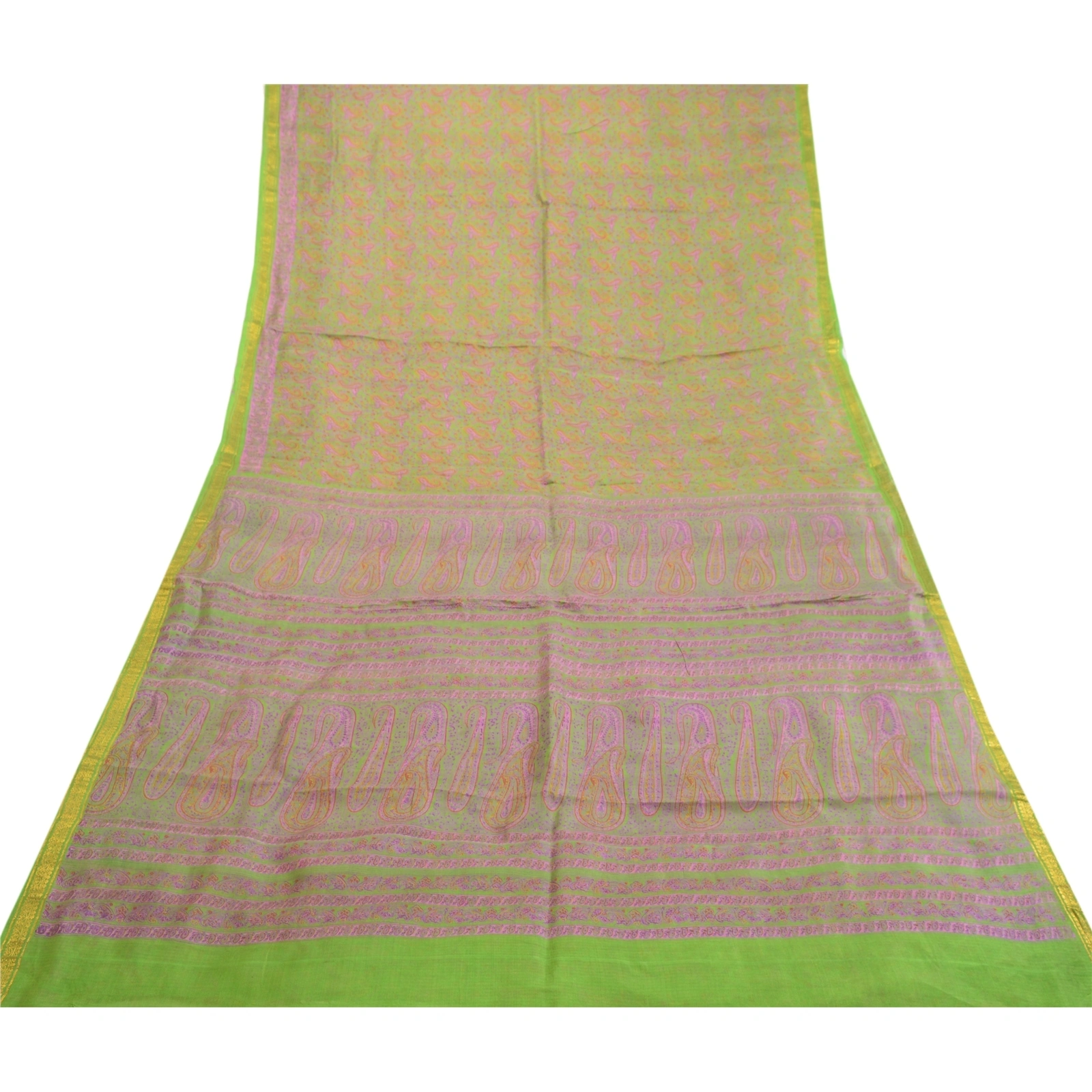 Sanskriti Vintage Sarees Green Zari Border Pure Silk Printed Sari Craft Fabric, PR-63830-Green-Pure Silk-7