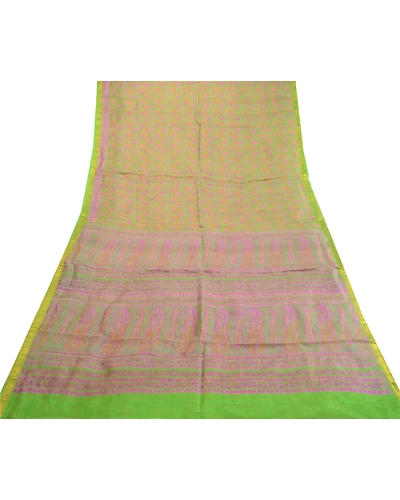 Sanskriti Vintage Sarees Green Zari Border Pure Silk Printed Sari Craft Fabric, PR-63830-Green-Pure Silk-7