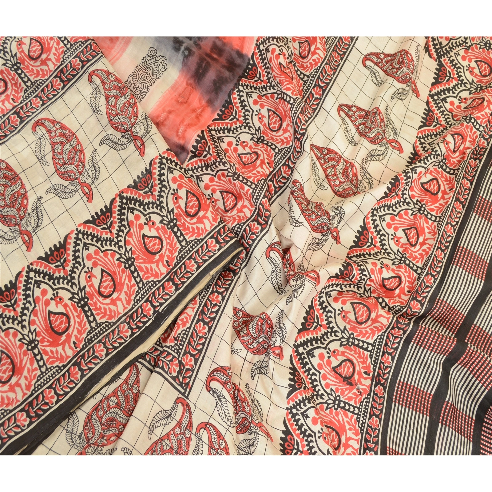 Sanskriti Vintage Sarees From India Red Pure Silk Printed Sari Soft Craft Fabric, PR-63832-Red-Pure Silk-1