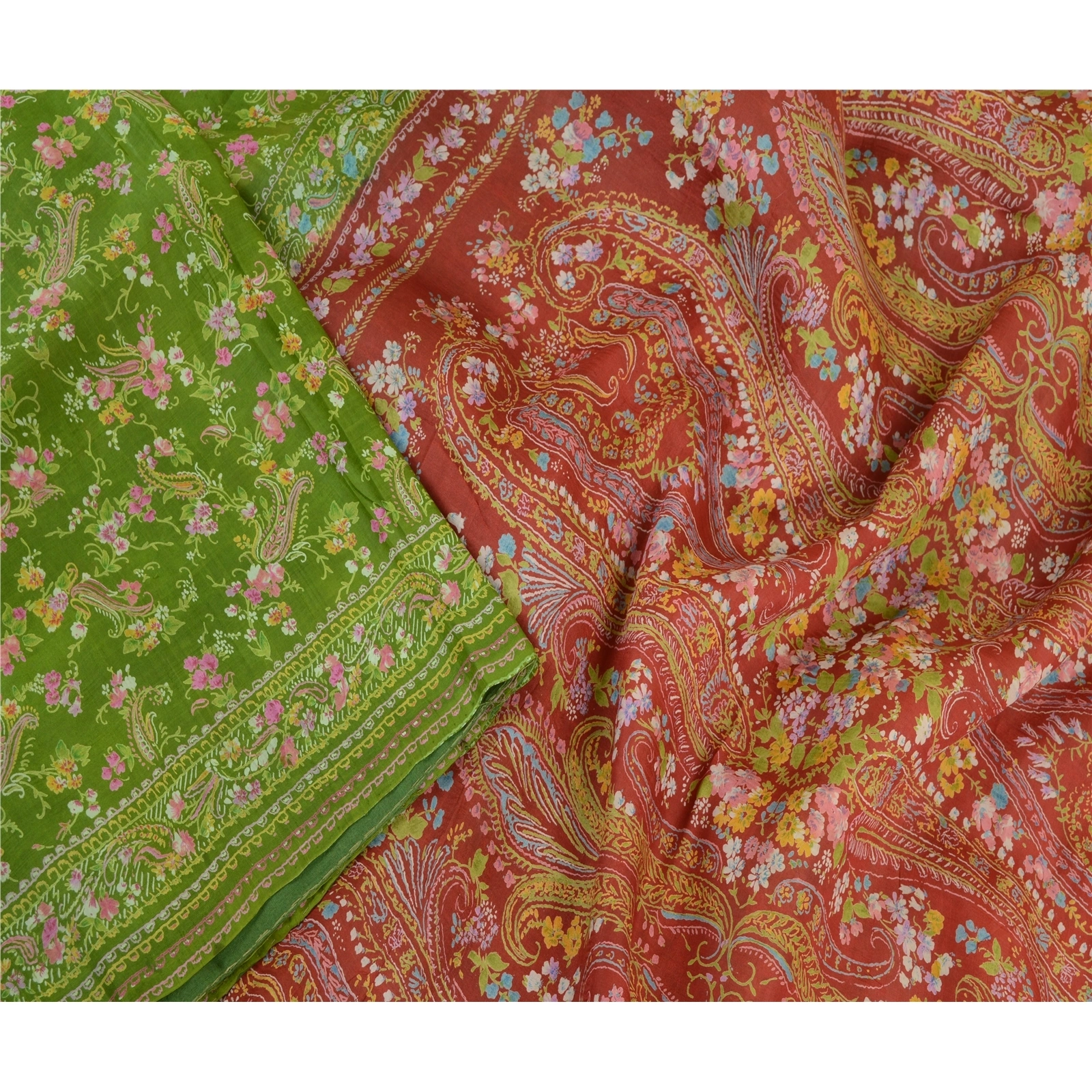 Sanskriti Vintage Sarees From India Green Pure Silk Printed Sari Craft Fabric, PR-63833-Green-Pure Silk-2