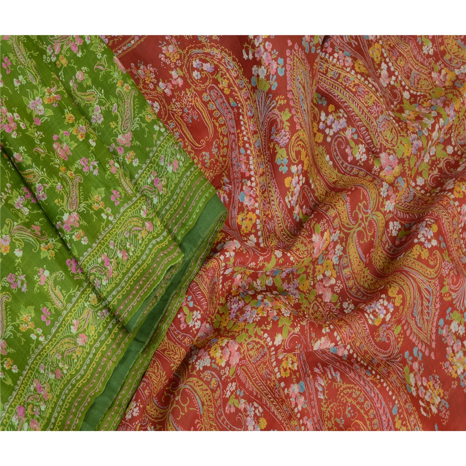 Sanskriti Vintage Sarees From India Green Pure Silk Printed Sari Craft Fabric, PR-63833-Green-Pure Silk-3