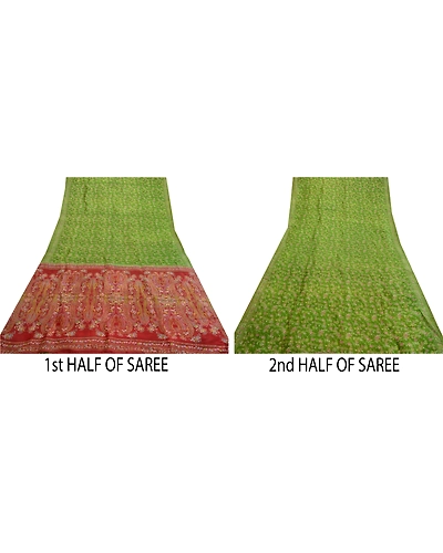 Sanskriti Vintage Sarees From India Green Pure Silk Printed Sari Craft Fabric, PR-63833-Green-Pure Silk-5
