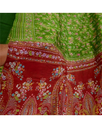 Sanskriti Vintage Sarees From India Green Pure Silk Printed Sari Craft Fabric, PR-63833-Green-Pure Silk-6