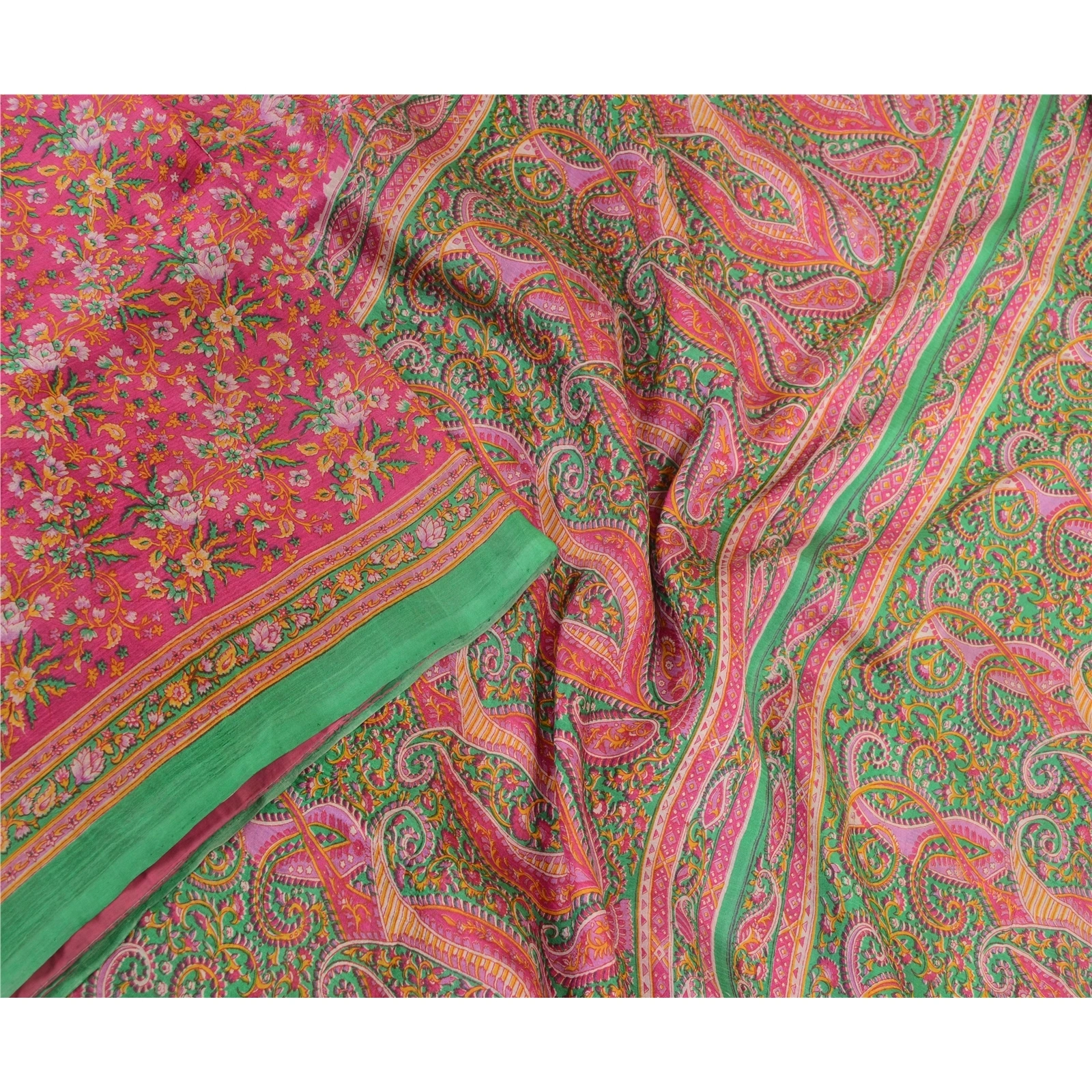 Sanskriti Vintage Sarees Pink Indian Printed 100% Pure Silk Sari Craft Fabric, PR-63855-Pink-Pure Silk-1