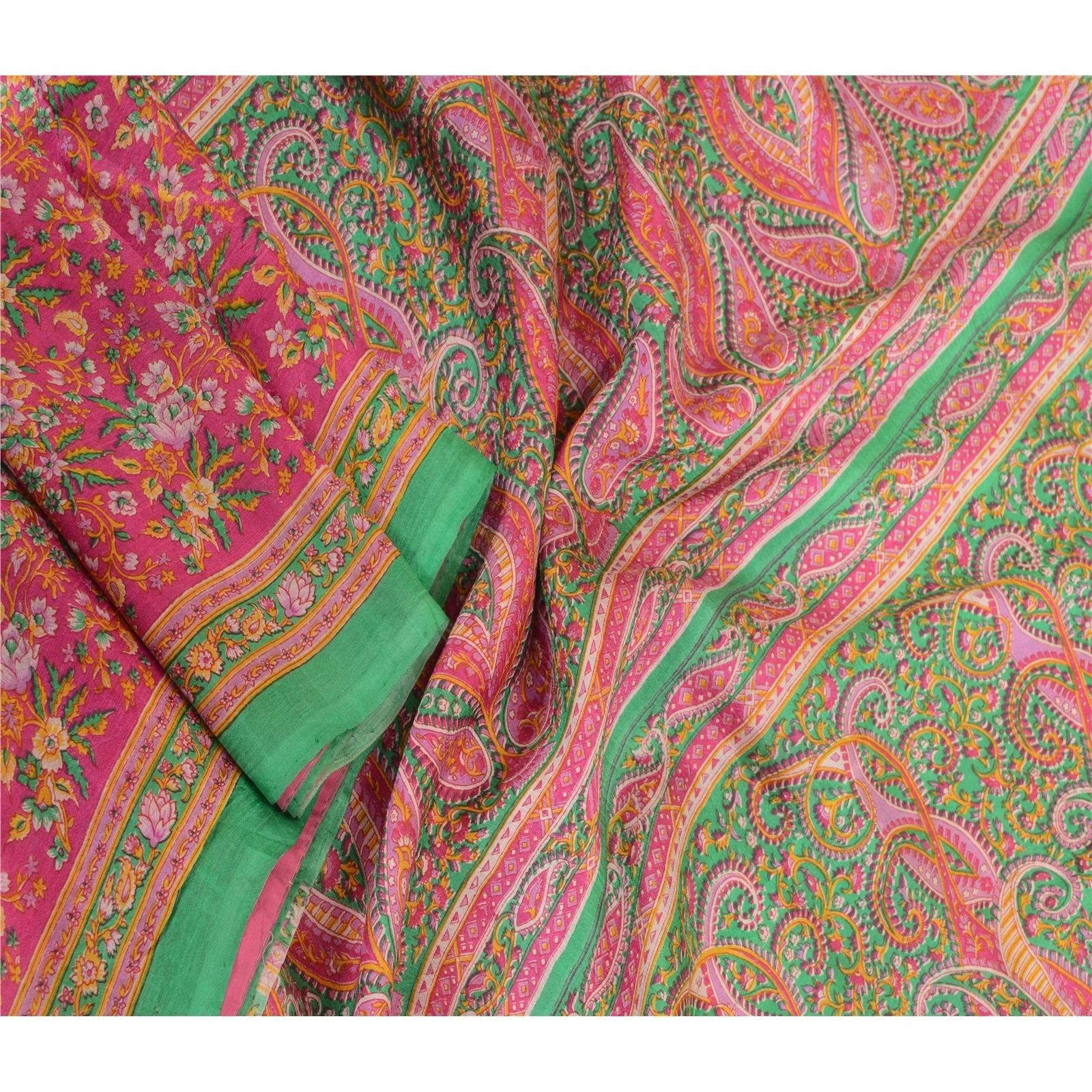 Sanskriti Vintage Sarees Pink Indian Printed 100% Pure Silk Sari Craft Fabric, PR-63855-Pink-Pure Silk-2