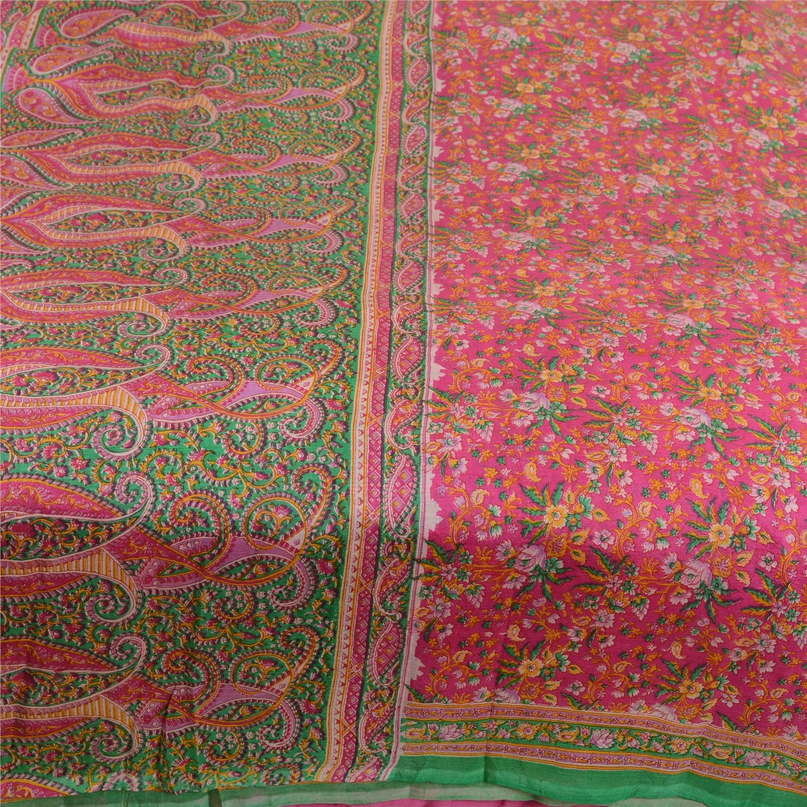 Sanskriti Vintage Sarees Pink Indian Printed 100% Pure Silk Sari Craft Fabric, PR-63855-Pink-Pure Silk-3