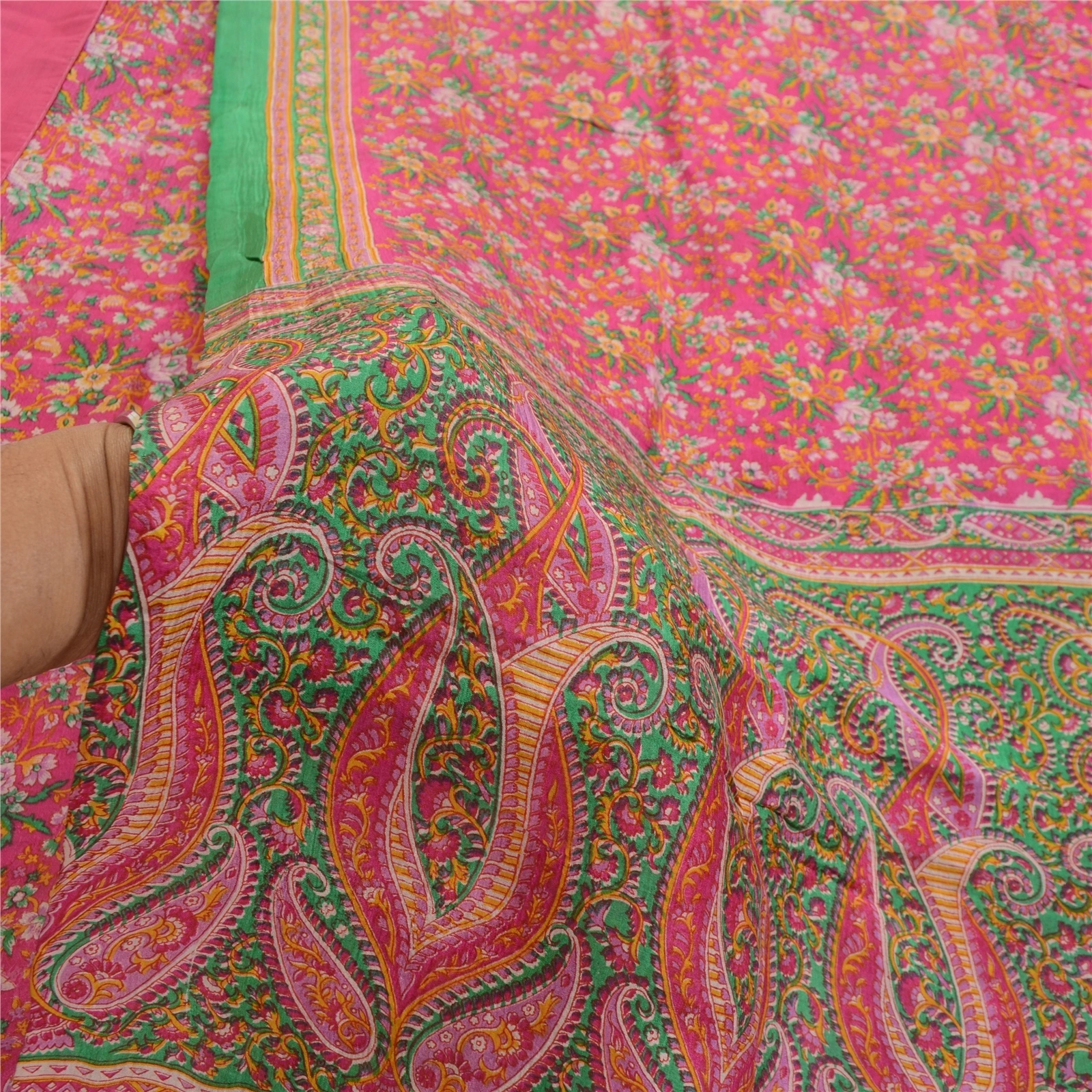 Sanskriti Vintage Sarees Pink Indian Printed 100% Pure Silk Sari Craft Fabric, PR-63855-Pink-Pure Silk-5