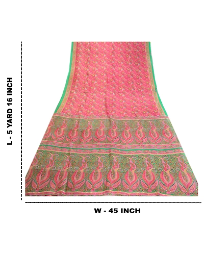 Sanskriti Vintage Sarees Pink Indian Printed 100% Pure Silk Sari Craft Fabric, PR-63855-Pink-Pure Silk-8