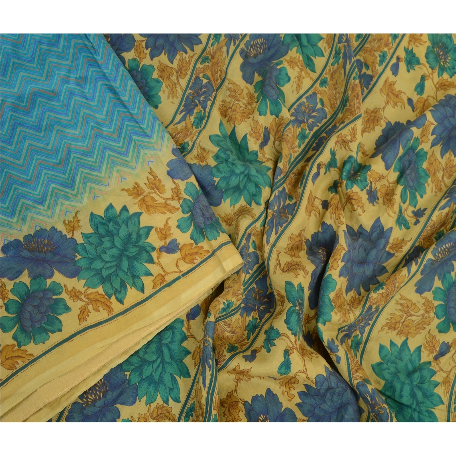 Sanskriti Vintage Sarees From India Blue Printed Pure Silk Sari 5Yd Craft Fabric, PR-63862-Blue-Pure Silk-1