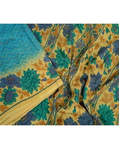 Sanskriti Vintage Sarees From India Blue Printed Pure Silk Sari 5Yd Craft Fabric, PR-63862-Blue-Pure Silk-1