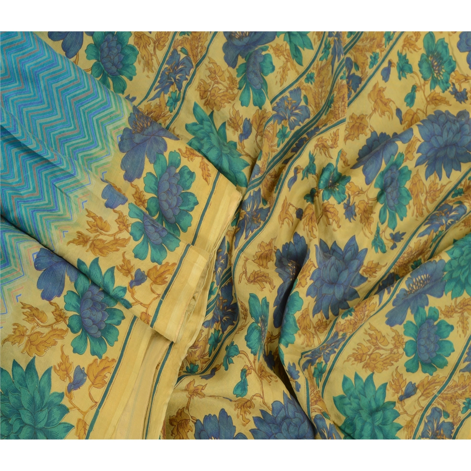 Sanskriti Vintage Sarees From India Blue Printed Pure Silk Sari 5Yd Craft Fabric, PR-63862-Blue-Pure Silk-2