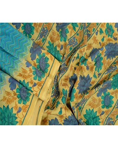 Sanskriti Vintage Sarees From India Blue Printed Pure Silk Sari 5Yd Craft Fabric, PR-63862-Blue-Pure Silk-2