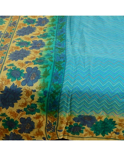 Sanskriti Vintage Sarees From India Blue Printed Pure Silk Sari 5Yd Craft Fabric, PR-63862-Blue-Pure Silk-3