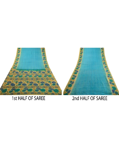 Sanskriti Vintage Sarees From India Blue Printed Pure Silk Sari 5Yd Craft Fabric, PR-63862-Blue-Pure Silk-4