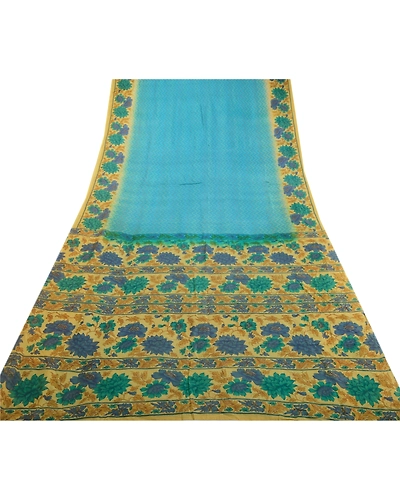 Sanskriti Vintage Sarees From India Blue Printed Pure Silk Sari 5Yd Craft Fabric, PR-63862-Blue-Pure Silk-8