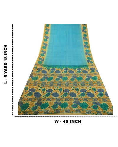Sanskriti Vintage Sarees From India Blue Printed Pure Silk Sari 5Yd Craft Fabric, PR-63862-Blue-Pure Silk-9