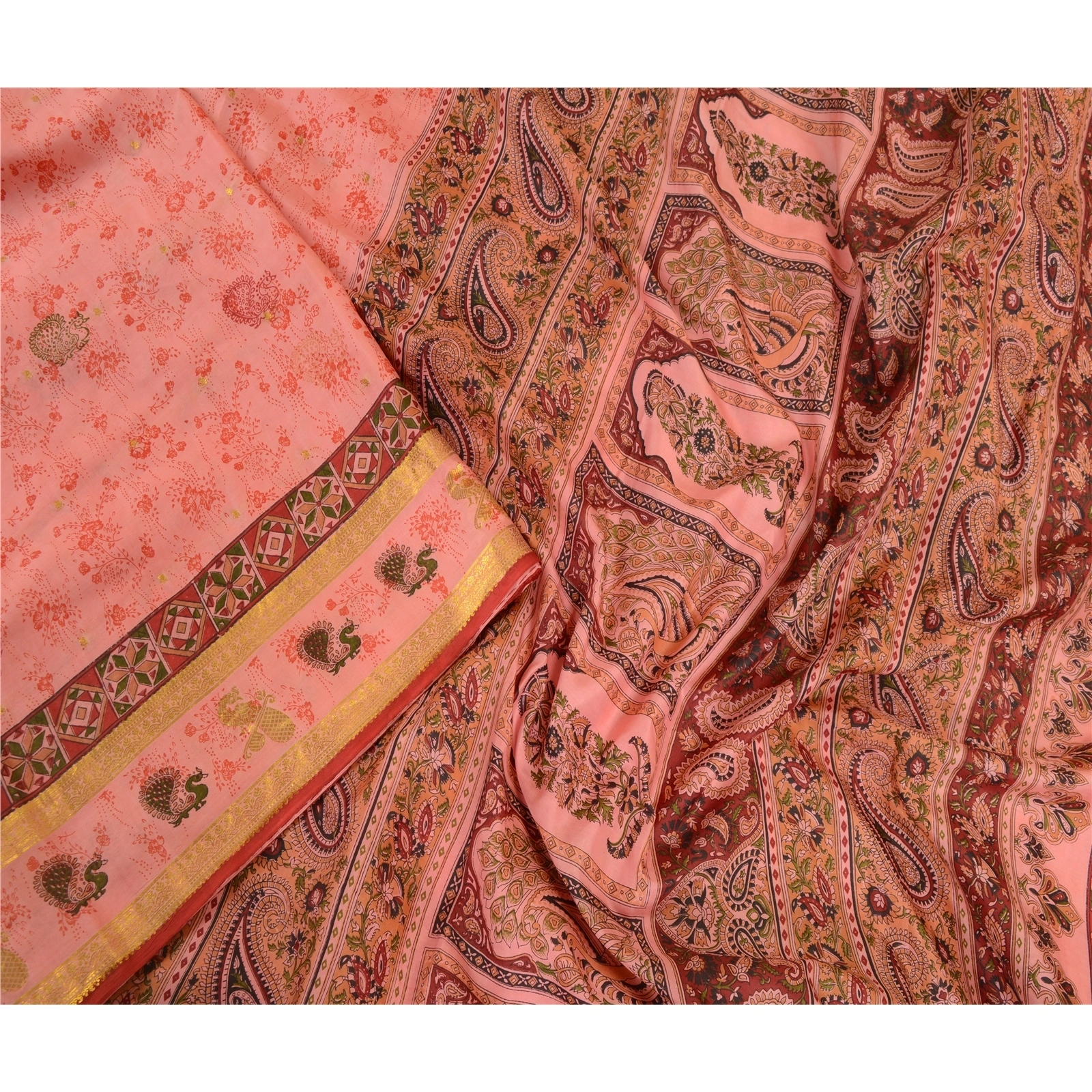 Sanskriti Vintage Sarees Pink Zari Border Pure Silk Printed Sari Craft Fabric, PR-63865-Blush-Pink-Pure Silk-1