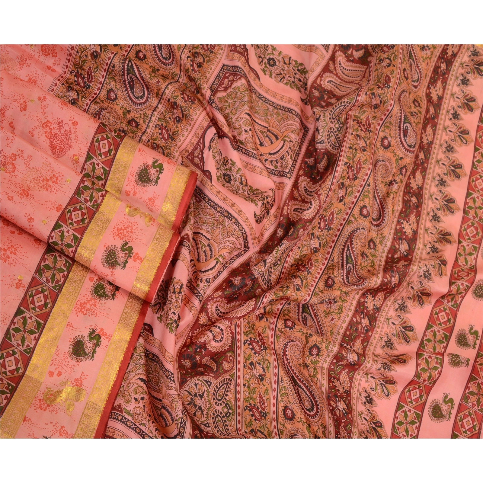 Sanskriti Vintage Sarees Pink Zari Border Pure Silk Printed Sari Craft Fabric, PR-63865-Blush-Pink-Pure Silk-2